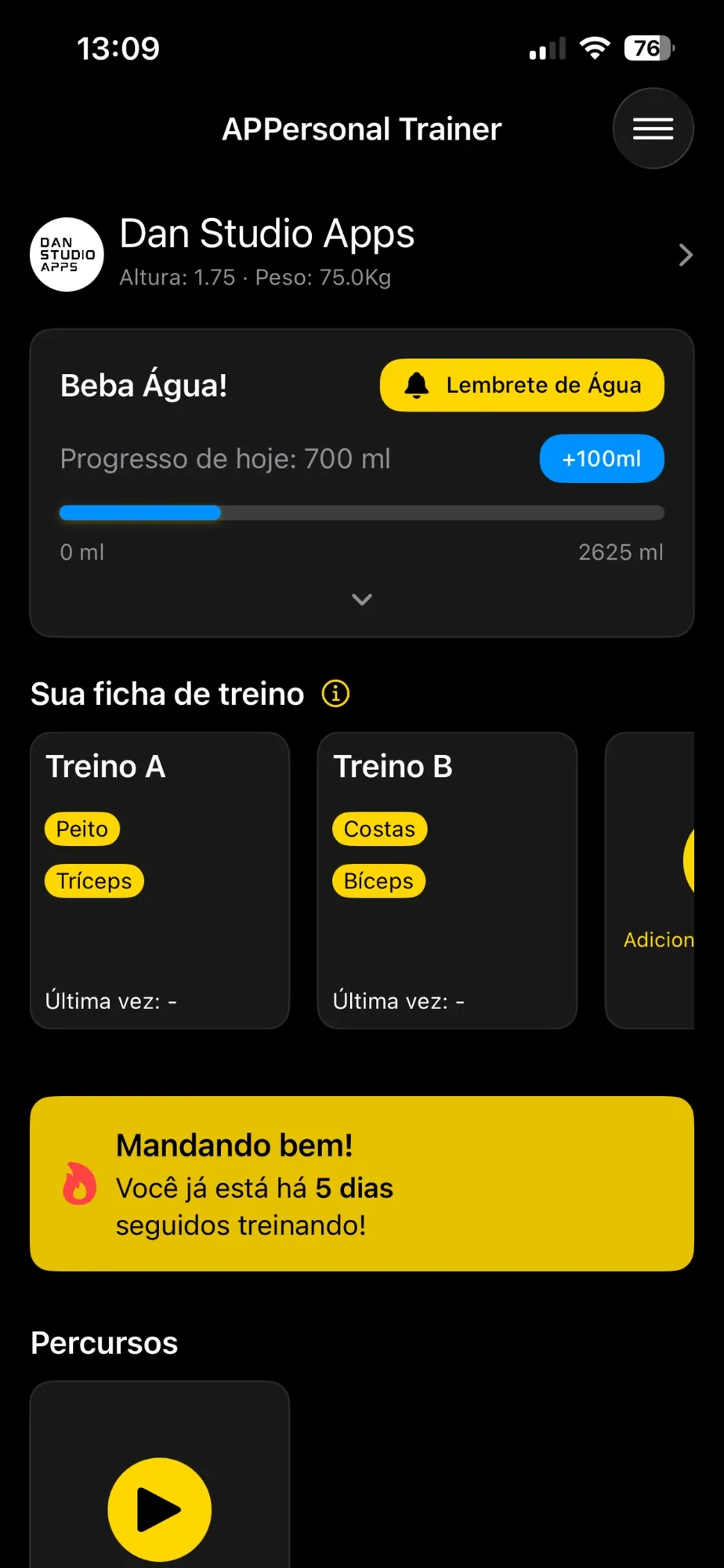 Tela inicial do APPersonal Trainer, com a ficha de treino, hidratação e histórico